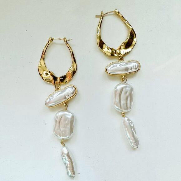 NEW NORDSTROM 18kt Gold Plated Pearl Bead Vintage Drop Hoop Earrings Jewelry - Picture 5 of 16